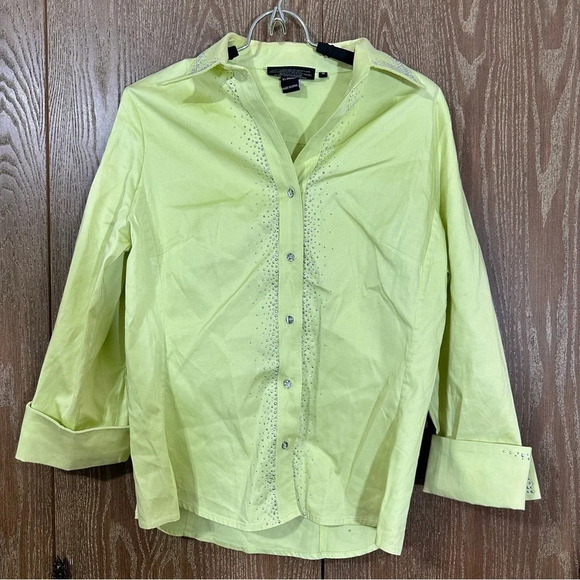 Christine Alexander Tops - Women's Button Down Medium Sage with Silver Bedazzled Button up Long Sleeve Top
